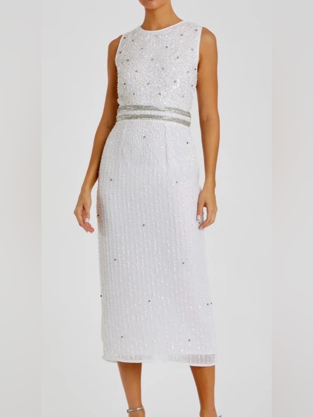 Mac Duggal White Beaded Strapless Midi Dress with Silver Waist